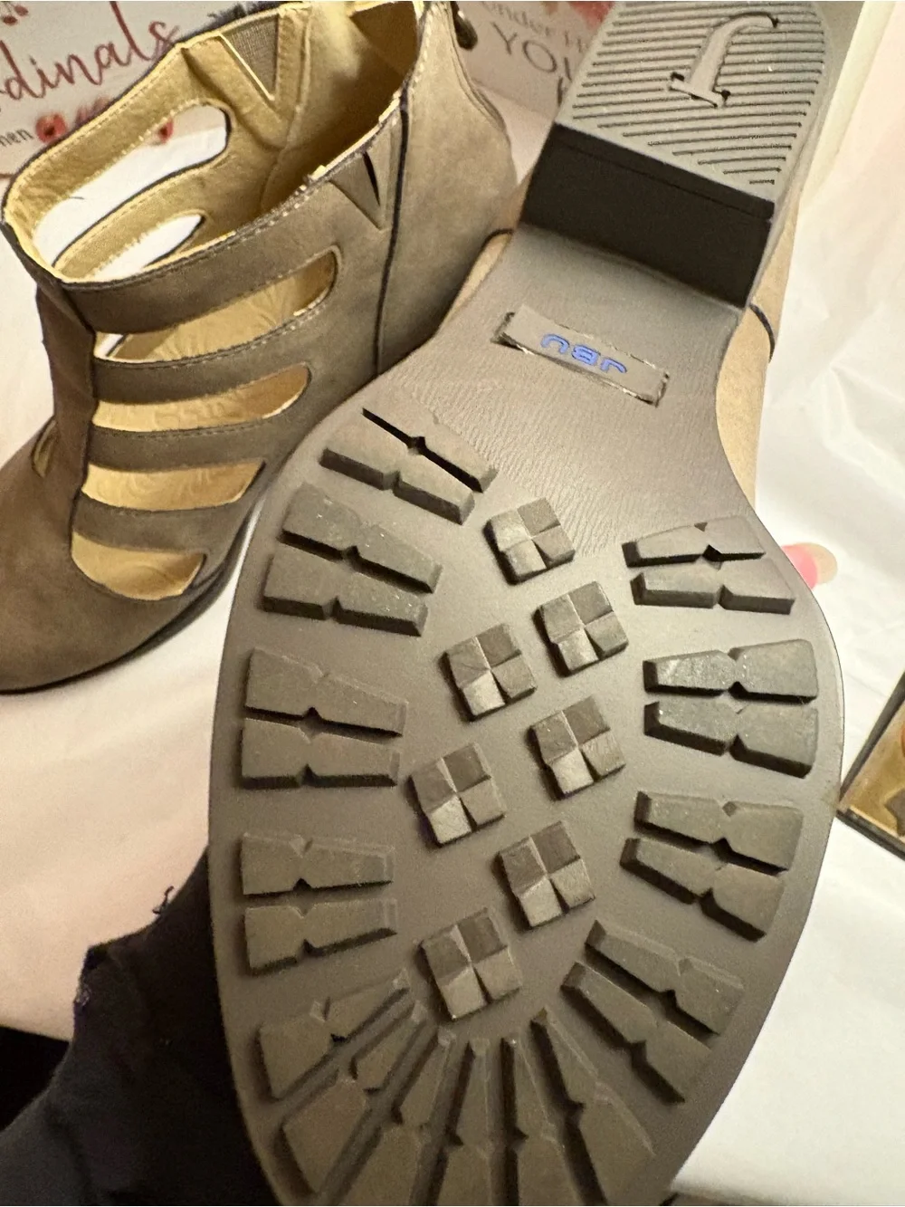 JBU Taupe Cutout Strappy Block Heel Ankle Boots